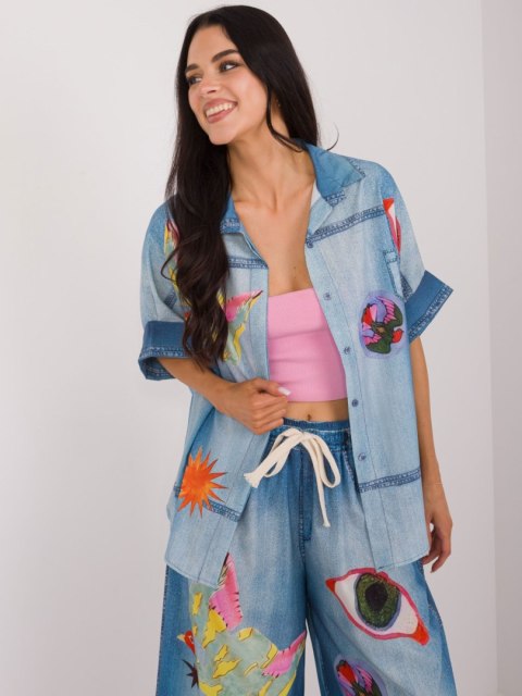 Koszula damska niebieska oversize z printem Koszula damska niebieska oversize z printem