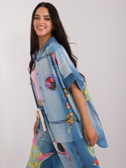 Koszula damska niebieska oversize z printem Koszula damska niebieska oversize z printem