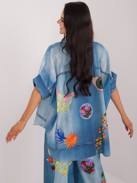 Koszula damska niebieska oversize z printem Koszula damska niebieska oversize z printem
