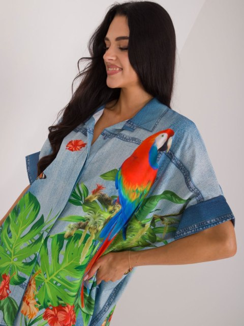 Koszula damska niebieska oversize z printem Koszula damska niebieska oversize z printem