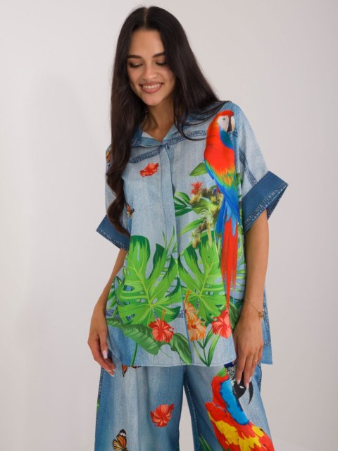Koszula damska niebieska oversize z printem Koszula damska niebieska oversize z printem