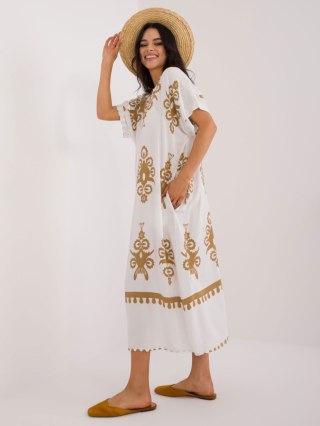 Sukienka maxi boho camelowa z printem oversize