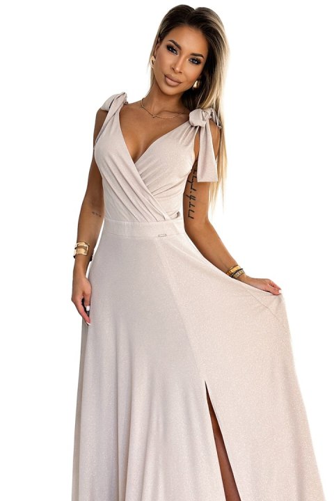 405-6 ELENA Długa suknia z dekoltem i wiązaniami na ramionach - BEŻOWA Z BROKATEM - XL 405-6 ELENA Długa suknia z dekoltem i wiązaniami na ramionach - BEŻOWA Z BROKATEM - XL