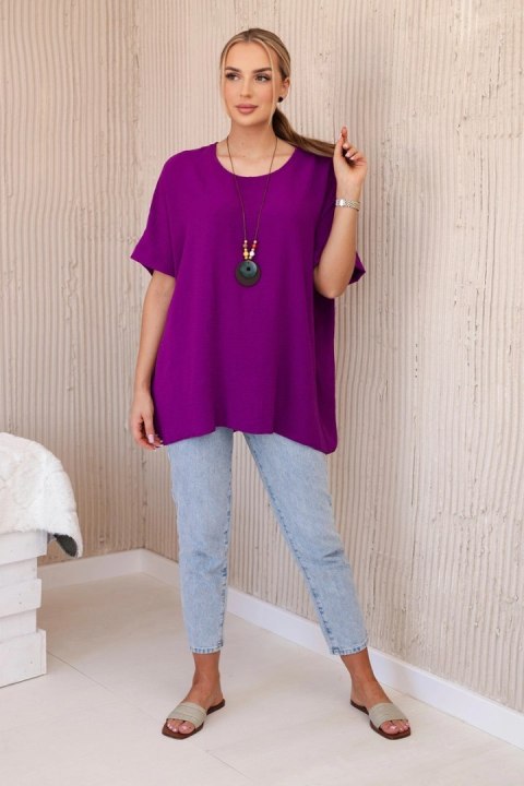 Bluzka oversize z wisiorkiem ciemno fioletowa, krótki rękaw Bluzka oversize z wisiorkiem ciemno fioletowa, krótki rękaw