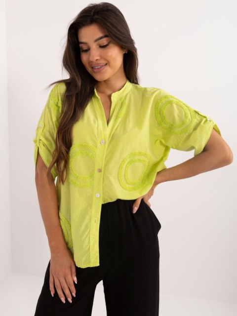 Koszula oversize limonkowa z haftem, bawełniana z krótkiem rękawem Koszula oversize limonkowa z haftem, bawełniana z krótkiem rękawem