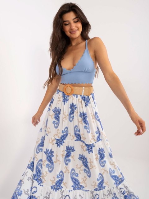 Spódnica maxi w niebiski print z paskiem, rozkloszowana Spódnica maxi w niebiski print z paskiem, rozkloszowana