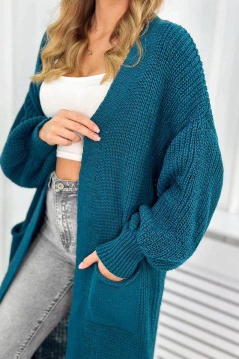 Sweter długi kardigan morski, włoski, akrylowy Sweter długi kardigan morski, włoski, akrylowy
