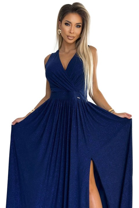362-9 JUSTINE Długa suknia z dekoltem i wiązaniem na plecach - GRANATOWA z brokatem - XL 362-9 JUSTINE Długa suknia z dekoltem i wiązaniem na plecach - GRANATOWA z brokatem - XL