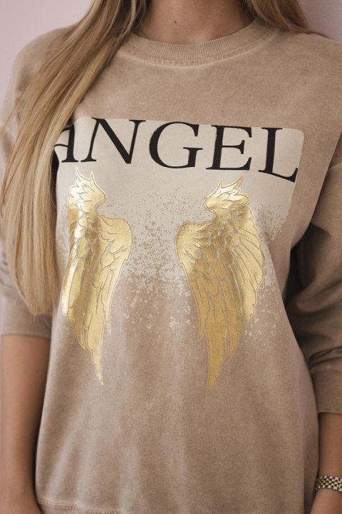 Komplet Angel bluza z nadrukiem i spodnie z szeroką nogawką camelowy Komplet Angel bluza z nadrukiem i spodnie z szeroką nogawką camelowy
