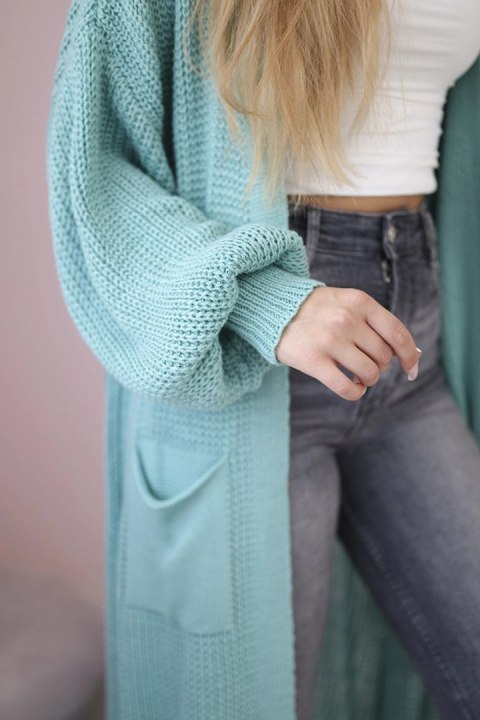 Sweter długi kardigan miętowy, akrylowy, włoski Sweter długi kardigan miętowy, akrylowy, włoski