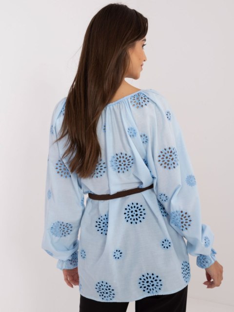 Bluzka niebieska ażurowa z bufistymi rękawami L/XL Bluzka niebieska ażurowa z bufistymi rękawami L/XL