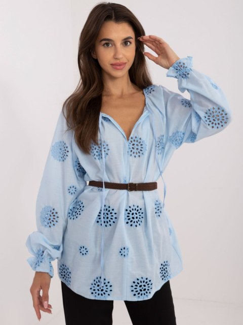 Bluzka niebieska ażurowa z bufistymi rękawami L/XL Bluzka niebieska ażurowa z bufistymi rękawami L/XL