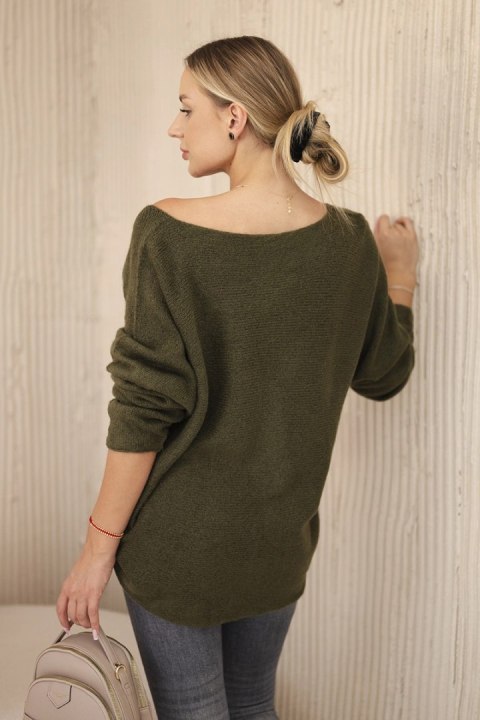 Sweter z dekoltem V khaki oversize, długi rękaw Sweter z dekoltem V khaki oversize, długi rękaw
