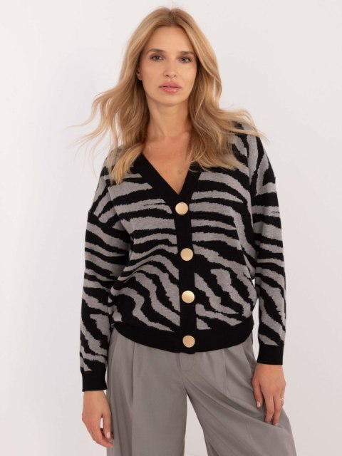 Sweter szaro-czarny na guziki, dekolt w serek oversize Sweter szaro-czarny na guziki, dekolt w serek oversize