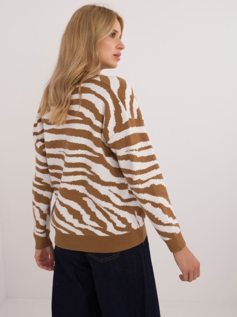 Sweter biało-camelowy na guziki, dekolt w serek Sweter biało-camelowy na guziki, dekolt w serek