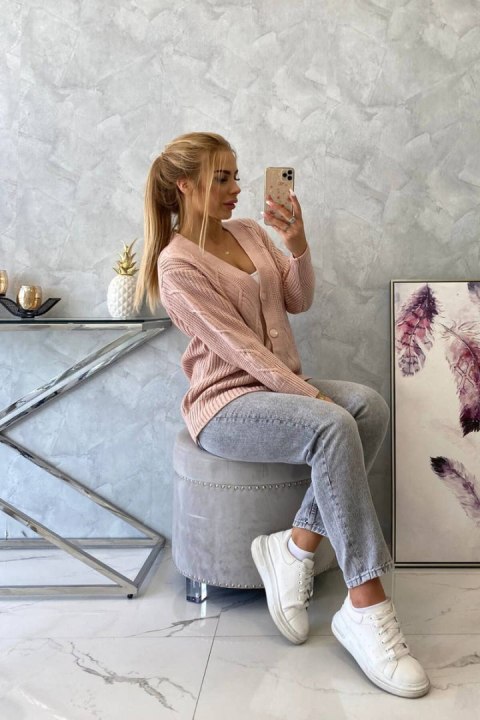 Sweter zapinany na guziki z szerokim rękawem pudrowy róż