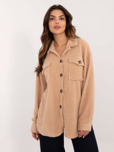 Koszula camelowa oversize bouclé z kieszeniami na guziki Koszula camelowa oversize bouclé z kieszeniami na guziki