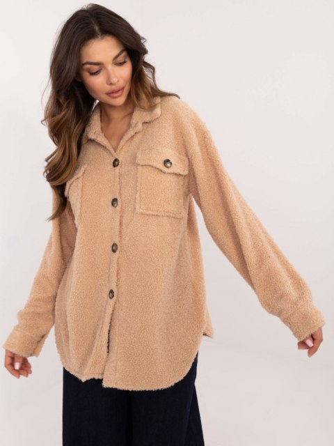 Koszula camelowa oversize bouclé z kieszeniami na guziki Koszula camelowa oversize bouclé z kieszeniami na guziki