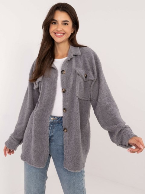 Koszula szara oversize bouclé z kieszeniami na guziki Koszula szara oversize bouclé z kieszeniami na guziki