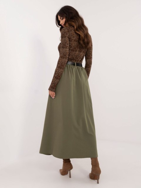 Spódnica elegancka maxi khaki, rozkloszowana z paskiem Spódnica elegancka maxi khaki, rozkloszowana z paskiem