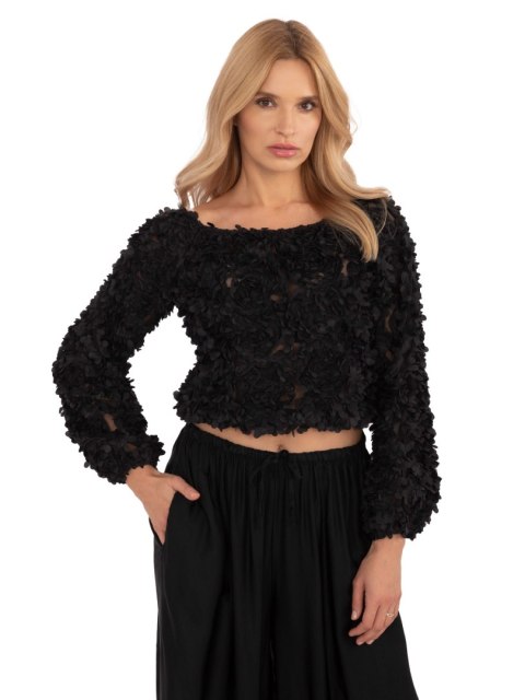 Bluzka czarna wizytowa z aplikacją kwiatową, elegancka Bluzka czarna wizytowa z aplikacją kwiatową, elegancka