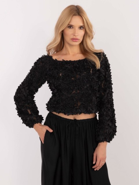 Bluzka czarna wizytowa z aplikacją kwiatową, elegancka Bluzka czarna wizytowa z aplikacją kwiatową, elegancka