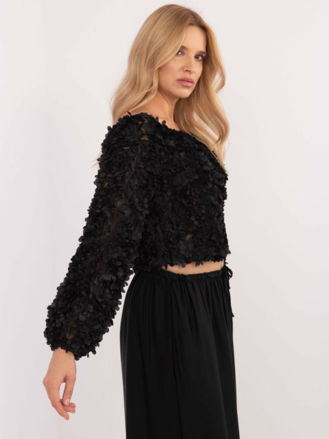 Bluzka czarna wizytowa z aplikacją kwiatową, elegancka Bluzka czarna wizytowa z aplikacją kwiatową, elegancka