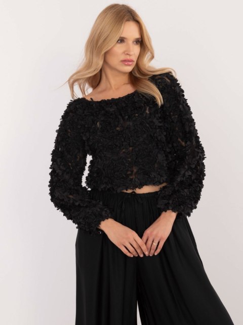 Bluzka czarna wizytowa z aplikacją kwiatową, elegancka Bluzka czarna wizytowa z aplikacją kwiatową, elegancka