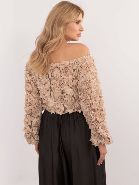 Bluzka beżowa wizytowa z aplikacją kwiatową, elegancka Bluzka beżowa wizytowa z aplikacją kwiatową, elegancka