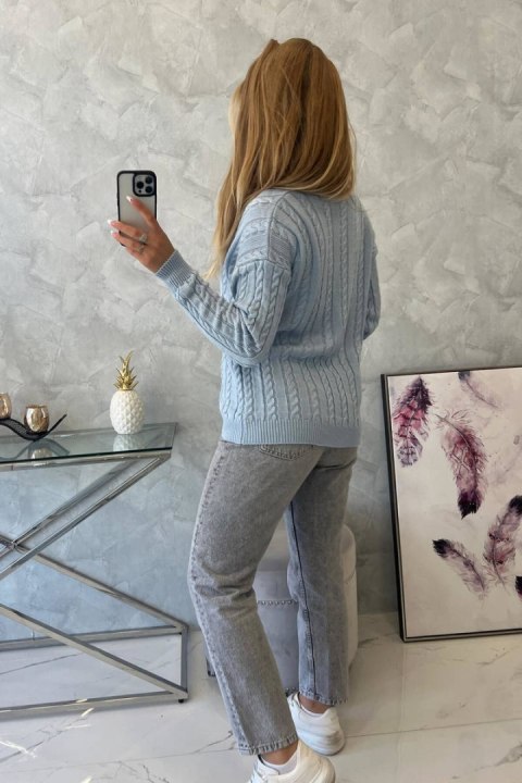 Sweter pleciony z dekoltem V błękitny, modny splot warkoczy Sweter pleciony z dekoltem V błękitny, modny splot warkoczy