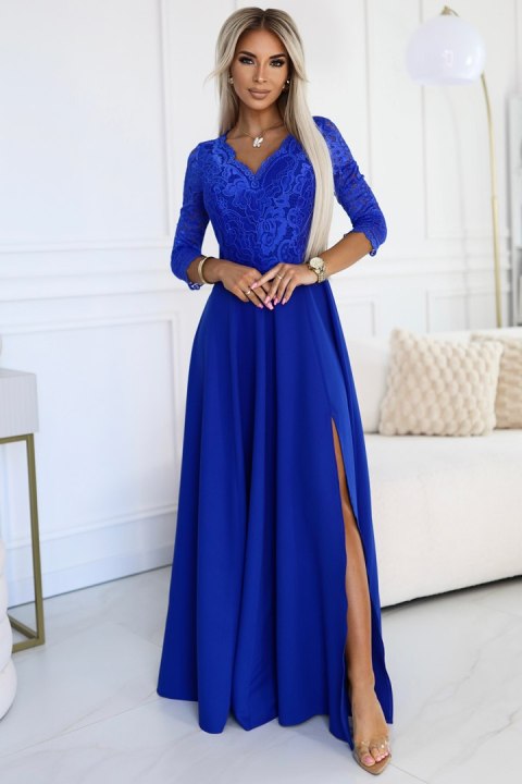 309-12 AMBER elegancka długa koronkowa suknia z dekoltem - kolor CHABROWY - XL 309-12 AMBER elegancka długa koronkowa suknia z dekoltem - kolor CHABROWY - XL
