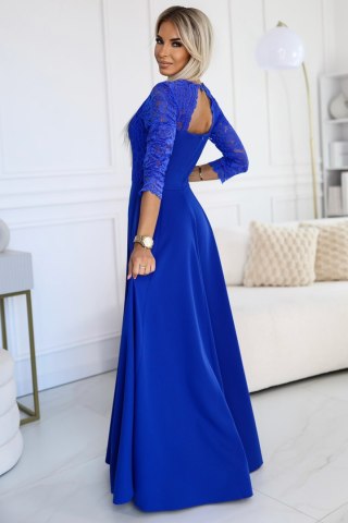 309-12 AMBER elegancka długa koronkowa suknia z dekoltem - kolor CHABROWY - XL