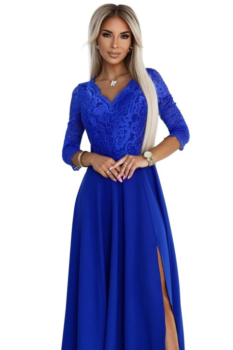 309-12 AMBER elegancka długa koronkowa suknia z dekoltem - kolor CHABROWY - XL 309-12 AMBER elegancka długa koronkowa suknia z dekoltem - kolor CHABROWY - XL