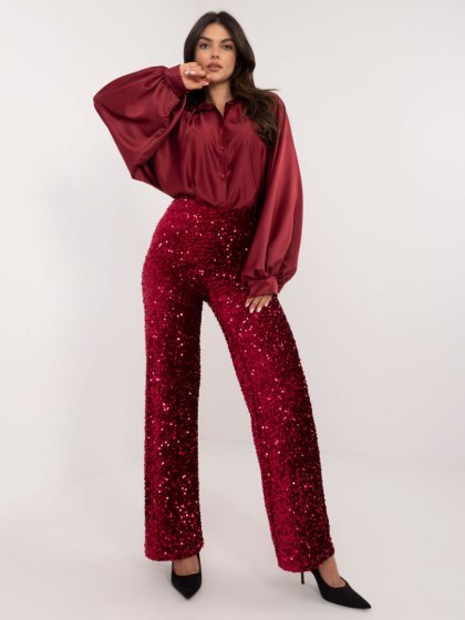 Bordowe Cekinowe Spodnie Damskie ITALY MODA – Wieczorowe, Wysoki Stan | Stylowy Wieszak