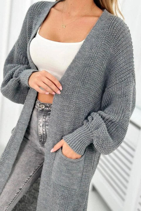 Sweter długi kardigan grafitowy, akrylowy, włoski Sweter długi kardigan grafitowy, akrylowy, włoski