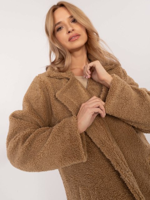 Płaszcz teddy camelowy zapinany na guziki, bez kaptura Płaszcz teddy camelowy zapinany na guziki, bez kaptura