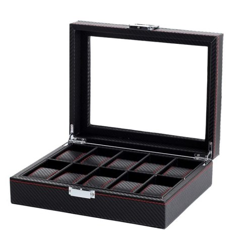 Szkatułka pudełko na zegarki na 10szt Karbon czarny, przeszycia 28 x 22 x 8cm PD136 Szkatułka pudełko na zegarki na 10szt Karbon czarny, przeszycia 28 x 22 x 8cm PD136