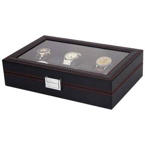 Szkatułka pudełko na zegarki na 10szt Karbon czarny, przeszycia 28 x 22 x 8cm PD136 Szkatułka pudełko na zegarki na 10szt Karbon czarny, przeszycia 28 x 22 x 8cm PD136