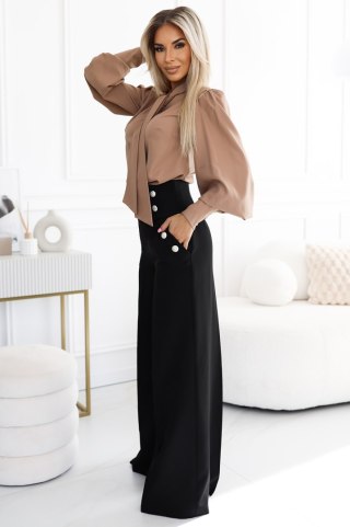 496-2 Eleganckie szerokie spodnie z kieszeniami, wysokim stanem i złotymi guzikami - CZARNE - XL
