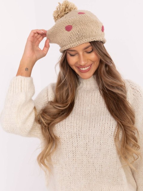 Czapka beżowa z pomponem, beret zimowy w kropki Czapka beżowa z pomponem, beret zimowy w kropki