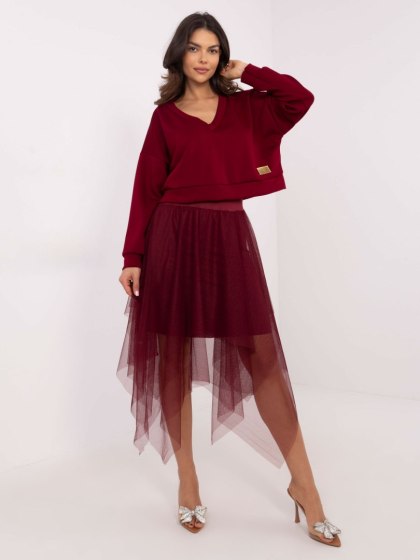 Komplet damski bordowy ITALY MODA – bluza oversize i sukienka tiulowa