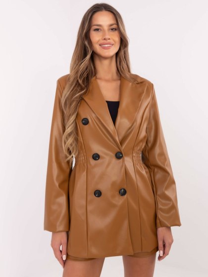 Marynarka dwurzędowa z ecoskóry camelowa L/XL