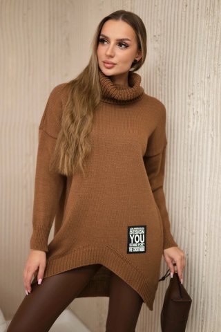 Sweter z golfem czekoladowy akrylowy luźny z długim rękawem
