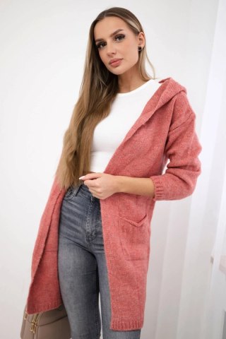 Sweter kardrigan z kapturem i kieszeniami gładki ciemny różowy
