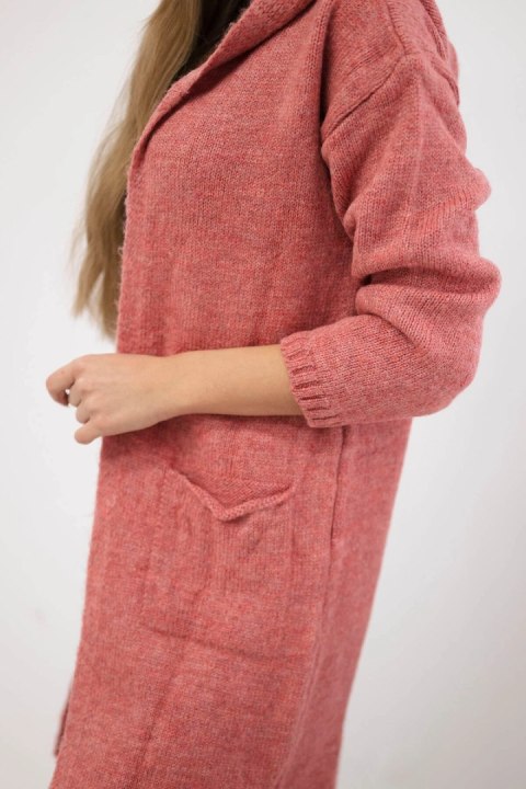 Sweter kardrigan z kapturem i kieszeniami gładki ciemny różowy Sweter kardrigan z kapturem i kieszeniami gładki ciemny różowy