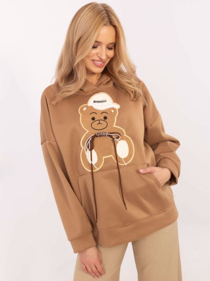 Bluza kangurka z naszywką misia, z kapturem, oversize camelowa