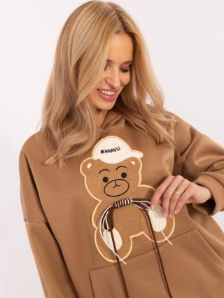 Bluza kangurka z naszywką misia, z kapturem, oversize camelowa
