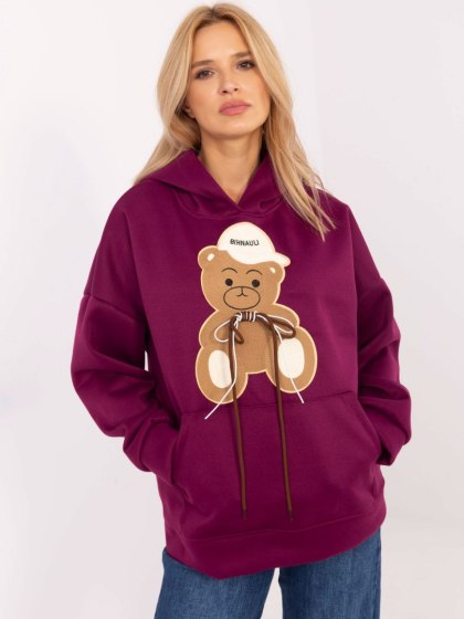 Bluza kangurka z naszywką misia, z kapturem, oversize fioletowa