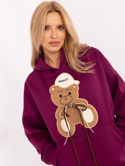 Bluza kangurka z naszywką misia, z kapturem, oversize fioletowa Bluza kangurka z naszywką misia, z kapturem, oversize fioletowa