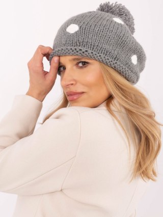 Czapka szara z pomponem, beret zimowy w kropki